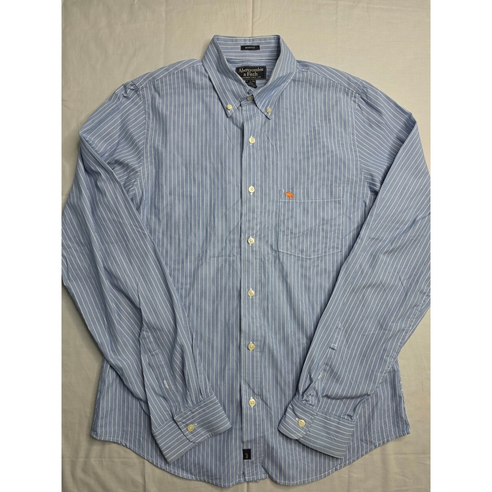 Abercrombie & Fitch Shirt Men's XL Blue Striped Cotton Muscle Fit Button-Down
